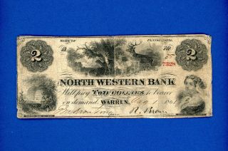 1861 $2 Northwestern Bank Of Warren Pa Rare Civil War Higher Mid Class Note