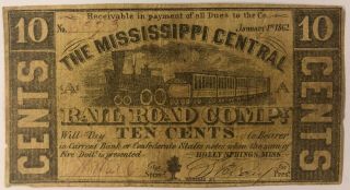 Obsolete Confederate Scrip,  Mississippi Central Railroad Co. ,  Ms 10 Cents 1862