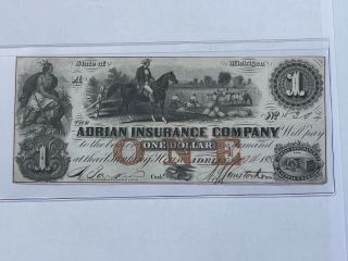 1853 The Adrian Insurance Company State Of Michigan $1 One Dollar Note