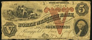 Obsolete Currency Ringgold,  Ga - North Western Bank Of Georgia $5 June 1,  1857 Vg