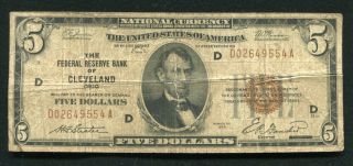 Fr.  1850 - A 1929 $5 Frbn Federal Reserve Bank Note Cleveland,  Oh (b)