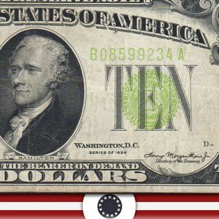 1934 $10 York Frn Lgs Federal Reserve Note Light Green Fr 2004 - B 99234 - P