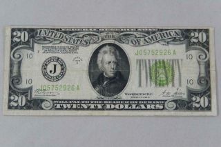 Series 1928 B $20 Twenty Dollars Federal Reserve Note Frn Kansas City J P0311