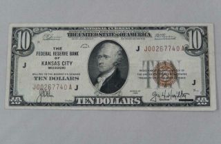 Series 1929 $10 Ten Dollars Federal Reserve Note Frn J Kansas City P0307