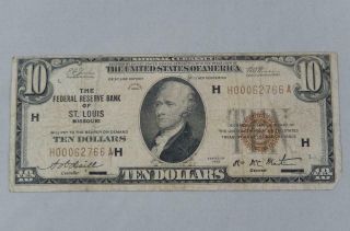 Series 1929 $10 Ten Dollars Federal Reserve Note Frn H St Louis P0306
