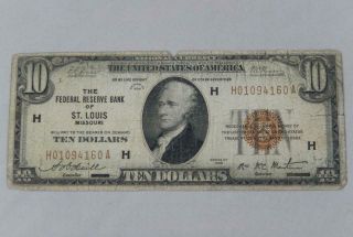 Series 1929 $10 Ten Dollars Federal Reserve Note Frn H St Louis P0305