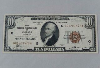Series 1929 $10 Ten Dollars Federal Reserve Note Frn G Chicago P0304