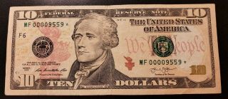 Series 2013 $10 Bill Low Serial Number Star Note Mf 00009559 Us Banknote