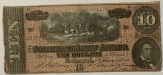 1864 Richmond Va Confederate Currency $10 Bank Note Civil War Era Obsolete T - 68