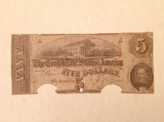 1863 Confederate States Of America $5 Five Dollars Civil War Note