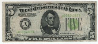 1934 $5 Federal Reserve Note Boston Fr.  1955 - A Lgs Circulated Very Fine Vf (368a)