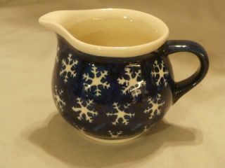 Small Boleslawiec Pottery Creamer Cream Pitcher Cobalt Blue W/ White Snowflakes