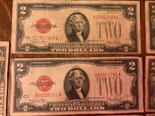 Ten 1928 $2 United States Notes; Red Seals; Series: 1 C,  3 D,  1 F,  4 G.