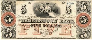 Maryland Hagerstown Bank $5 Dollars Obsolete Currency Ca 1850 Cu