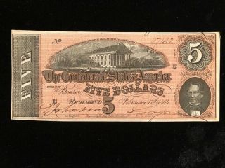 1864 Civil War Confederate Currency Confederate States Of America $5 Note Unc