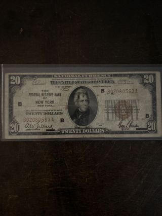 1929 $20 National Currency Bank Note - Federal Bank Of York Ny - Brown Seal