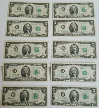 $2 Notes Two Dollar Bills 10 Consecutive Low Serial Numbers Crisp Notes