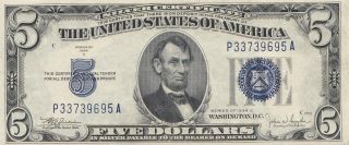 1934 - C Five Dollar Silver Certificate Bill Old $5 Note Currency