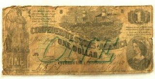 Civil War Confederate States Of America $1 Note 1862