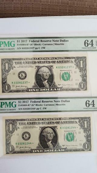 Two Scarce Uncirculated 2017 $1 Dallas Star Notes: Both Pmg 64 Epq 250k Print