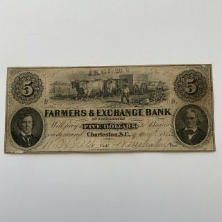 1853 South Carolina $5 Obsolete Currency Farmers & Exchange Bank,  Charleston S.  C