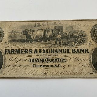 1853 South Carolina $5 Obsolete Currency FARMERS & EXCHANGE BANK,  Charleston S.  C 2