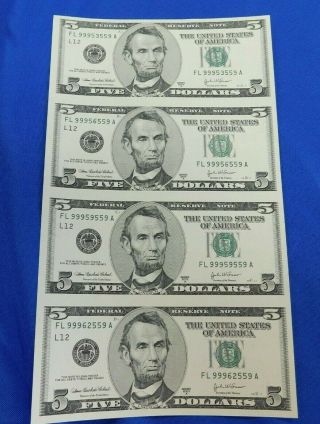 2003 A Uncut $5 Five Dollar Bill Sheet Of 4 Uncirculated