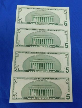 2003 A Uncut $5 Five Dollar Bill Sheet of 4 Uncirculated 2