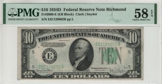 1934 D $10 Federal Reserve Note Richmond Fr.  2009 - E Pmg Choice Au 58 Epq (002b)