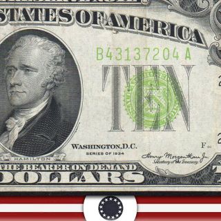 1934 $10 York Frn Lgs Federal Reserve Note Light Green Fr 2004 - B 37204 - P