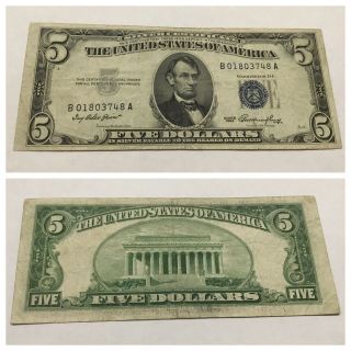 Vintage Silver Certificate 1953 Five Dollars $5 Lincoln Blue Seal Dollar Bill
