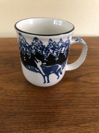 Tienshan Folkcraft Wolf Mug - 10 Oz.  Stoneware - Blue & White - Retired Pattern - Euc