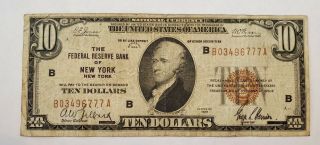 Series 1929 Us $10 Ten Dollar Federal Reserve Note Bank Of York