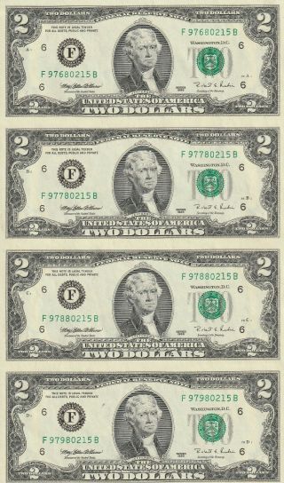4 Piece Uncut U.  S.  Currency Sheet 1995 $2 Federal Reserve Notes Crisp Unc
