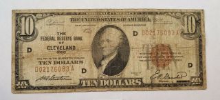 Series 1929 Us $10 Ten Dollar Federal Reserve Note Bank Of Cleveland