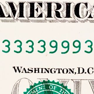 2013 $1 Frn Fancy Serial Number E33339993c Binary Note U.  S.  Currency Dollar Bill