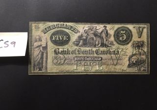 1857 Merchants Bank Of South Carolina $5.  00 Currency Aug 14th 1857 (cs9)