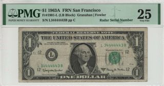 1963 A $1 Federal Reserve Note San Francisco Two Digit Radar Serial Pmg Vf 25
