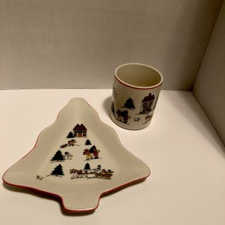 Vintage 1987 Jamestown China " The Joy Of Christmas " Small Tree Shaped Dish & Mug