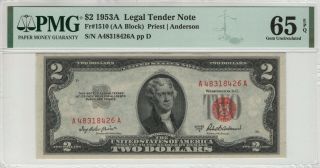 1953 A $2 Legal Tender Red Seal Aa Block Fr.  1510 Pmg Gem Unc 65 Epq (426a)
