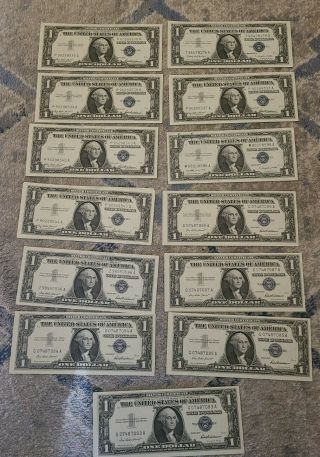 13 Total 1957,  A,  B - Blue Seal Note - $1 One Dollar Silver Certificate Bill