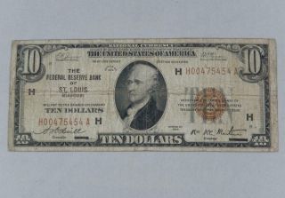 Series 1929 $10 Ten Dollars Federal Reserve Note Frn H St Louis P0274