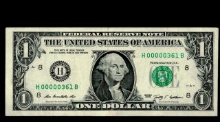 Sc 2009 $1 Federal Reserve Note Low Serial Number 3 Digit H00000361b