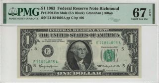 1963 $1 Federal Reserve Note Richmond Fr.  1900 - Em Mule Pmg Gem Unc 67 Epq