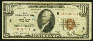 Fr.  1860 - B $10 Bill 1929 Federal Reserve Bank Note York Fine Or Better