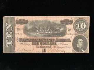 1864 Civil War Confederate Currency $10 Note Confederate States Of America