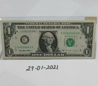 Series 1995 $1 Federal Reserve Note With Very Low Serial Number 00000663