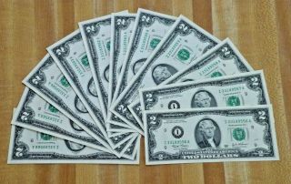 11 Consecutive Serial Number 2 Two Dollar Bills Circulated