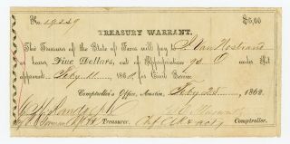 1862 Cr.  16d $5 Texas Treasury Warrant - Civil War Era