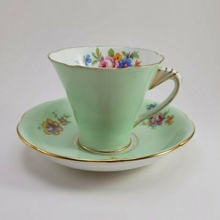 Royal Grafton English Fine Bone China Green Floral 2 Pc Tea Cup And Saucer